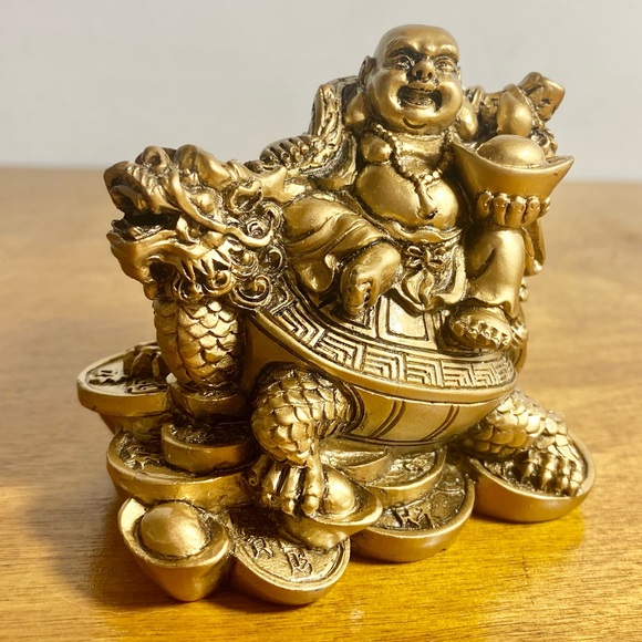 Laughing Buddha Sitting on Dragon Tortoise Resin Statue - Picture 2 of 11